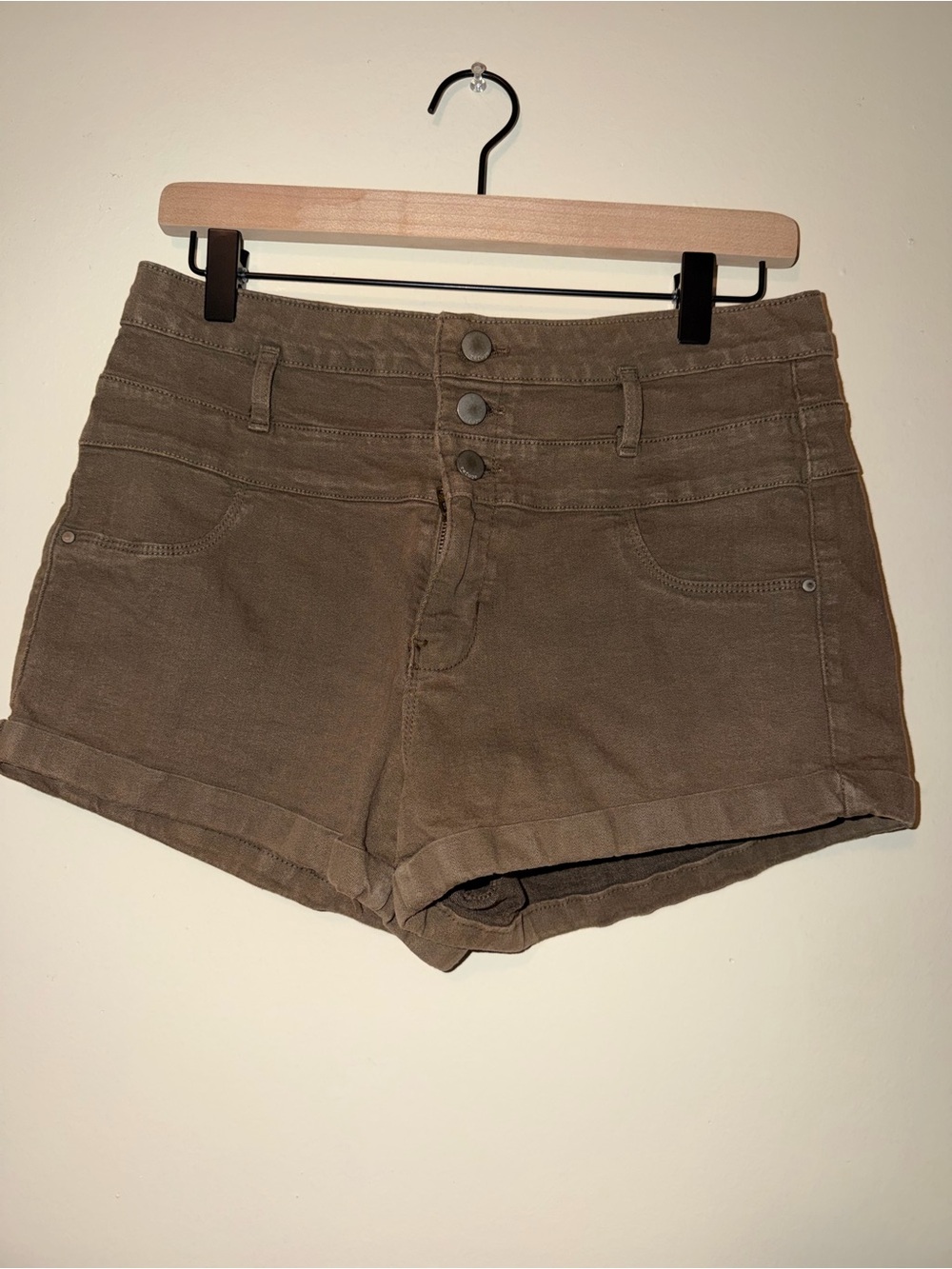 refuge High-Waist Brown Triple-Button Rolled Hem Shorts